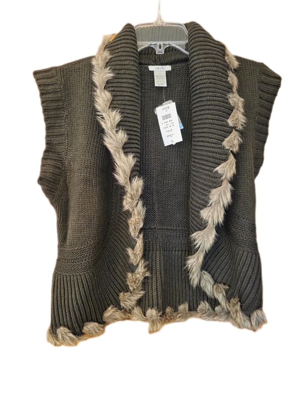 Cache Faux Fur Trim Sweater Vest Y2K 90's Boho Indie Dark Olive Size Medium NWT
